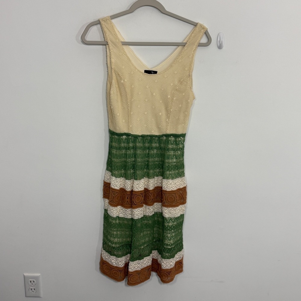 Ryu Womens Dress Small Cream Green Stripe Crochet Boho Hippie Festival Fairy